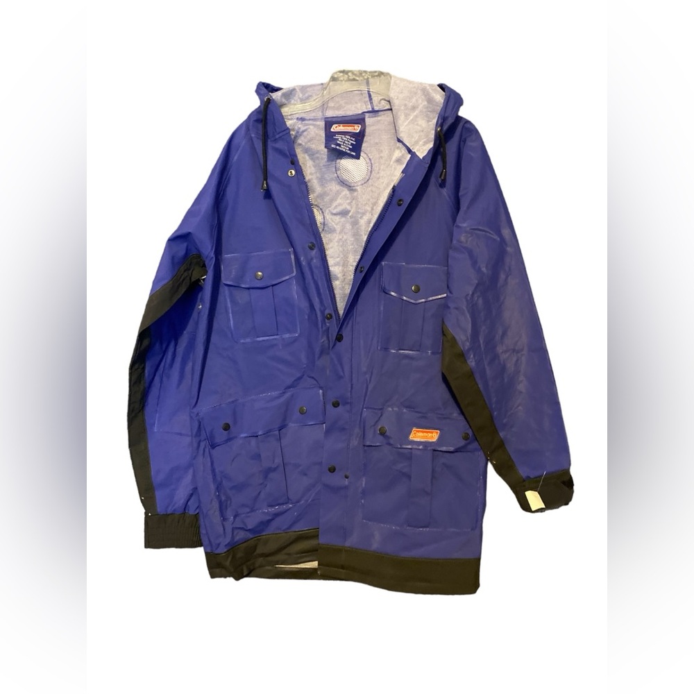 Coleman Mens Blue Hooded 100% PVC Outdoor Vented Snap Windbreaker Jacket Size M